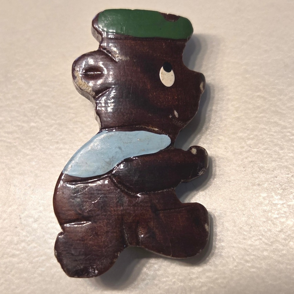 Vintage 1940's Wooden Bear Retro Pin Brooch Green Hat Blue Vest Animal Jewelry